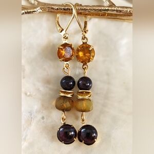 Genuine 3.4 Carats Citrine And Natural Garnet  Beads Drop Down Earrings